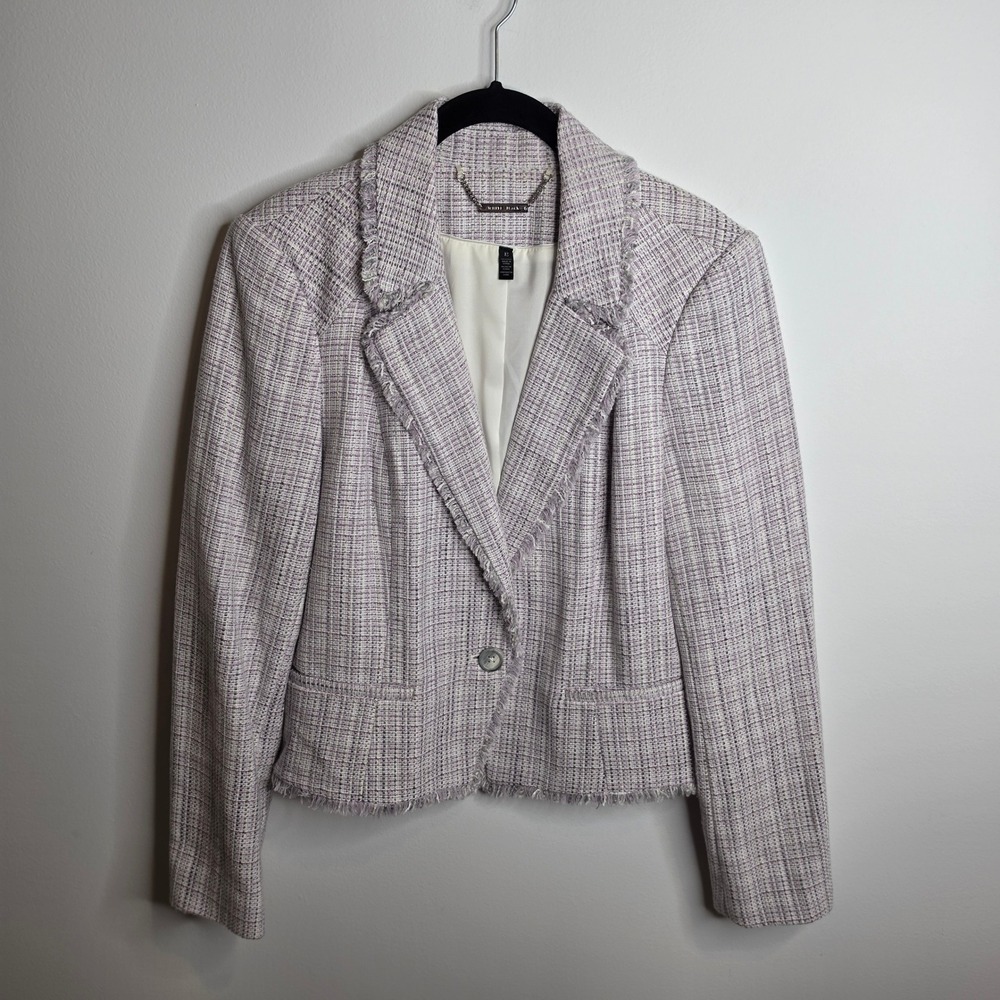 White House Black Market Tweed Blazer Womens 12 Plaid Fringe
